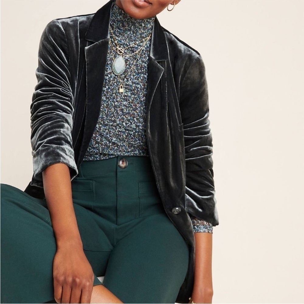 Anthropologie Alessia Velvet Blazer Green Carbon XSP